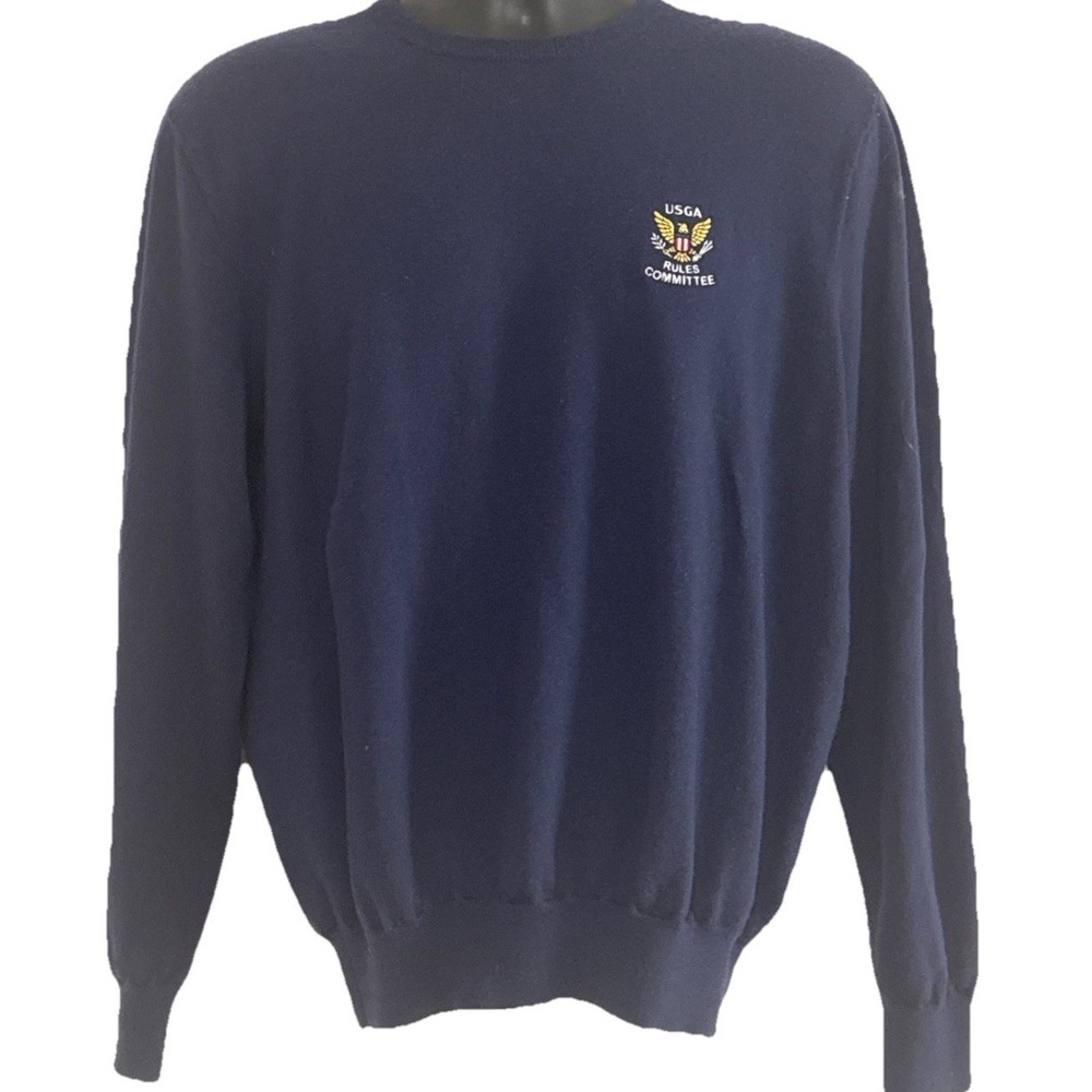 Polo Ralph Lauren Sz L  100% Merino Wool USGA Logo Navy Crew Neck Pullover